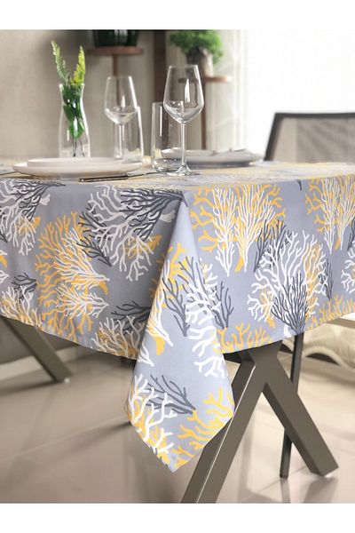 desen izmir Fata de masa cu cusut special, galben gri corali 130x170 cm 4-6 persoane
