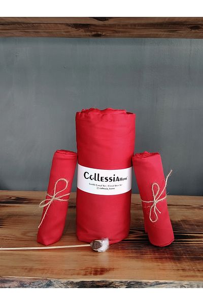 COLLESSİA 100% Cotton Satin Fitted Double Elastic Sheet Set Bed Sheet Set with Pillow - Red