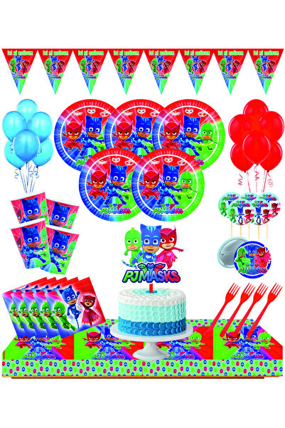PJMASKS Pijamaskeliler 32 Kişilik Pasta Süsü Dahil Doğum Günü Seti Pjmask