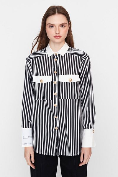 Trendyol Collection X Sagaza Studio fekete-fehér csíkos gombos részlet ing TPRAW23GO00021