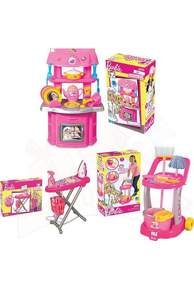 DEDE Barbie Toy Kitchen Set with Cleaning Trolley and Standing Iron Dollhouse Game