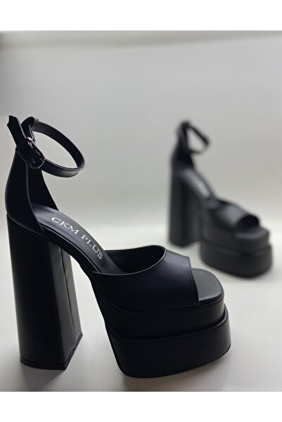 HAYYSHOES Siyah Deri Bilekten Bağlamalı Çift Platform Topuklu Sandalet