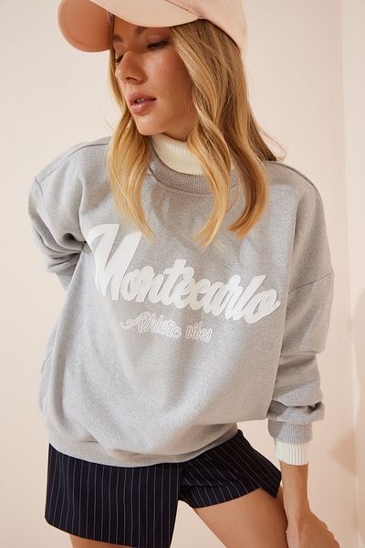 Happiness İstanbul Women's Gray Printed Raised Sweatshirt DZ00066