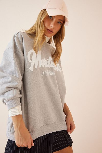 Happiness İstanbul Women's Gray Printed Raised Sweatshirt DZ00066