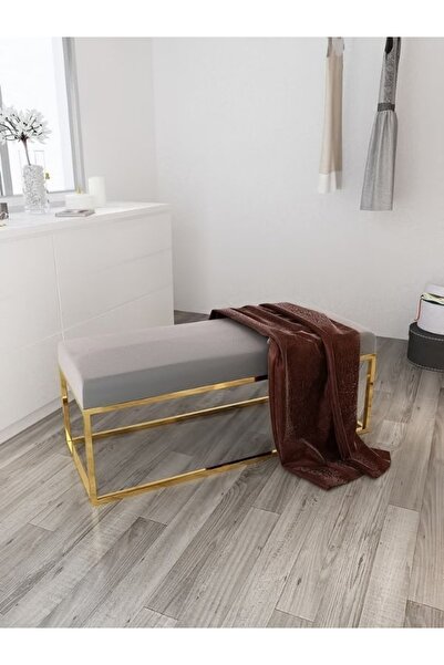 Evka Stil Bench Pirinç Ayak Açık Gri Kumaş, Bench Puf, Yatak Ucu Bench, Yemek...