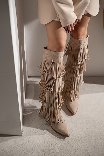 MYPOPPİSHOES Vizon Püsküllü 5 Cm Topuklu Kadın Çizme Salsa