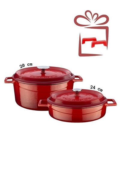 Lava Cast Iron 20cm Deep and 24cm Flat Double Pot Set Trendy Red (With Silicone Handle Gift)