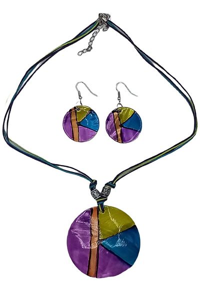 Dünyadan Hediyeler Mother-of-Pearl Necklace and Mother-of-Pearl Earring Set Purple