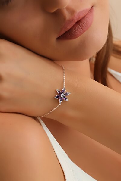 Bilsen Store 925 Ayar Gümüş Zincirli Ametist Damla Taşlı Kamelya Lotus Çiçeği Bileklik