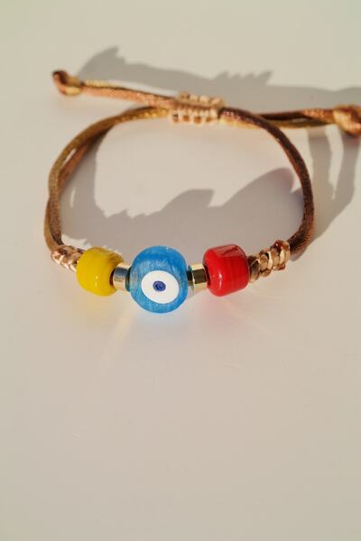 maycollection Mavi Nazar Cam Sarı Kırmızı Cam Boncuk Ebruli Kahverengi Floş I...