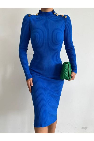 Secret Passion Lingerie Half Fisherman New Season Blue Knitwear Midi βραδινό φόρεμα - Κουμπί Λεπτομερές φόρεμα επιστροφής στο σπίτι 0107 711