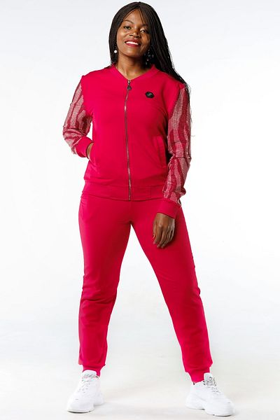 RICH GLAM Large Size Two Thread Cotton Zippered Women's Tracksuit Set with Crystal Stones on the Sleeves