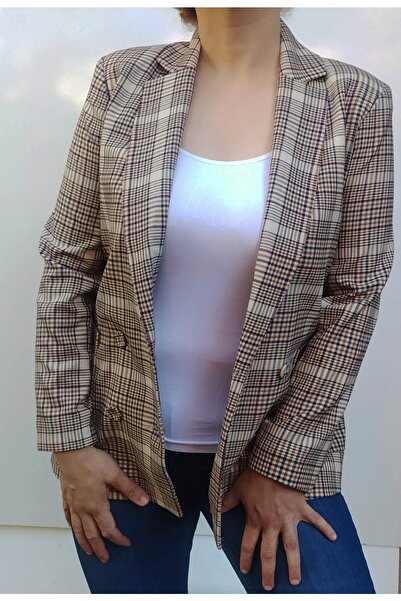 Hepsibitarz Kadın Bej Ekose Blazer Ceket