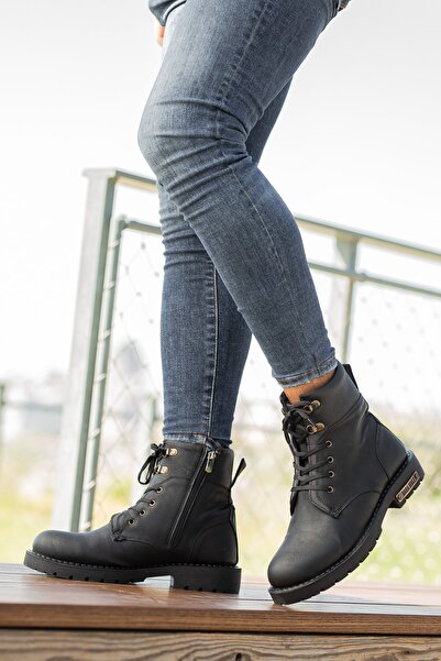 BOUIS Чоловічі чорні шнуровані ортопедичні черевики з рівною підошвою, що не пропускають вологу, з міцної шкіри, водонепроникні, зручні