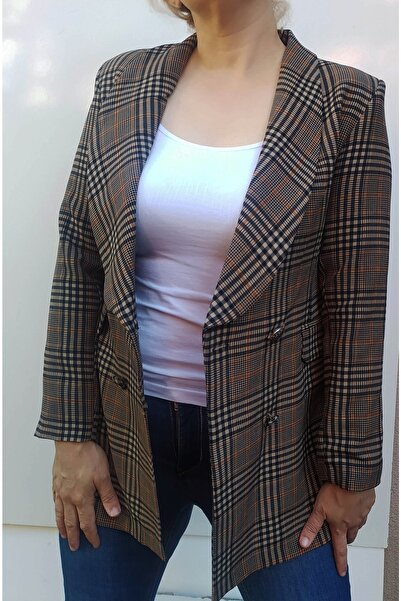 Hepsibitarz Kadın Kahverengi Ekose Blazer Ceket
