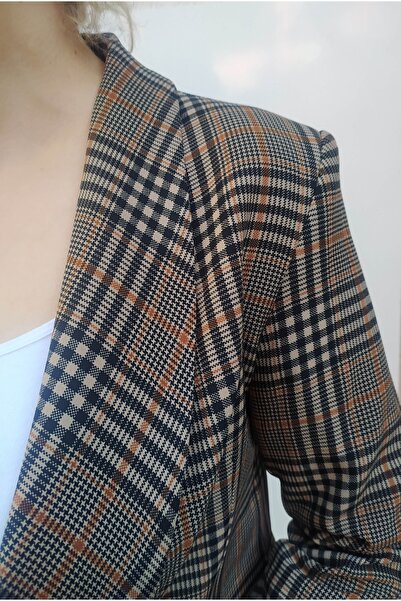 Hepsibitarz Kadın Kahverengi Ekose Blazer Ceket