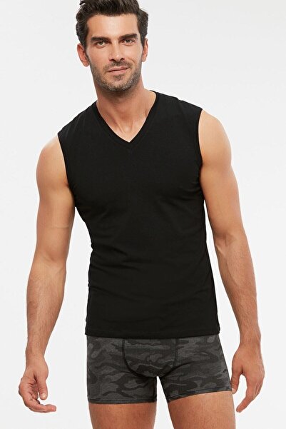 Kom Men's Black Combed Cotton Lycra V-neck Sleeveless Francesco Undershirt, 2...