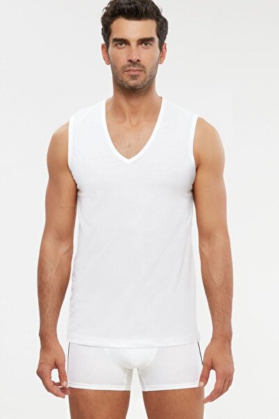 Kom Men's Combed Cotton V-neck Sleeveless Undershirt 2 Pack
