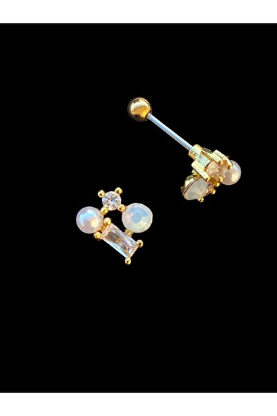 BK Design Cerrahi Çelik Piercing Tragus Helix Baget Taşlı Incili Altın Sarı R...
