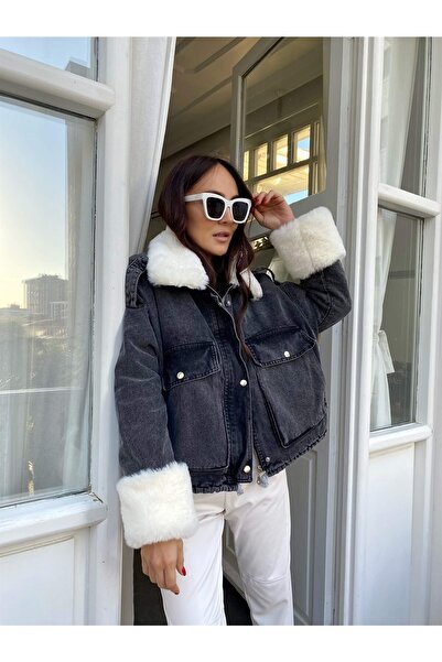 missacik semra açık أسود داخل الفراء الأبيض التفاصيل تصميم معطف جان