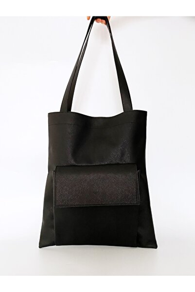 HEYBE'S Women's Black Pocket Textured Leather Shoulder Bag