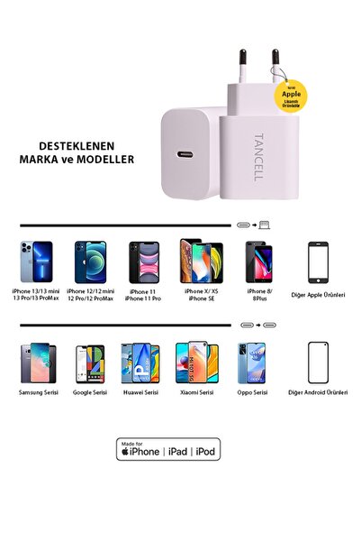 TANCELL Iphone Tüm Serilerle Uyumlu Hızlı Şarj Aleti 20w Adaptör  Mfi Lisanslı Adaptör
