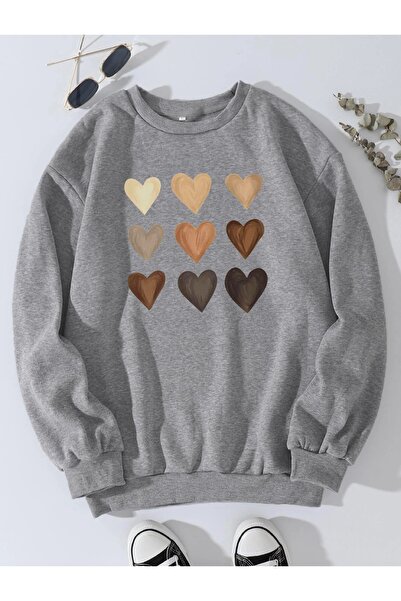 Deocept Γκρι φούτερ Unisex Heart Printed Oversize