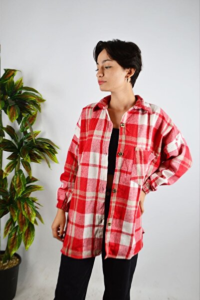 bugia Kadın Kırmızı Ekose Desenli Kaşe Pamuklu Oduncu Oversize Ceket Gömlek