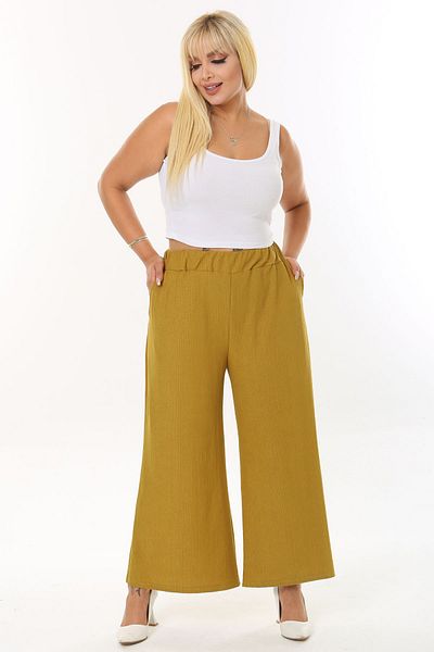 Mooi XXL Women's Olive Green Wide Leg Stretchy Wrinkled Fabric Trousers