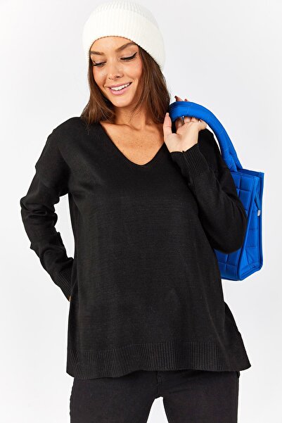 armonika Γυναικείο μαύρο πλεκτό πουλόβερ με λαιμόκοψη V μπροστά κοντό πίσω μα...