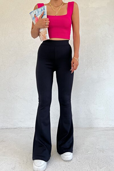 VOSSAX Women's Black Corded Flare Leg High Waist Lifting Trousers Leggings