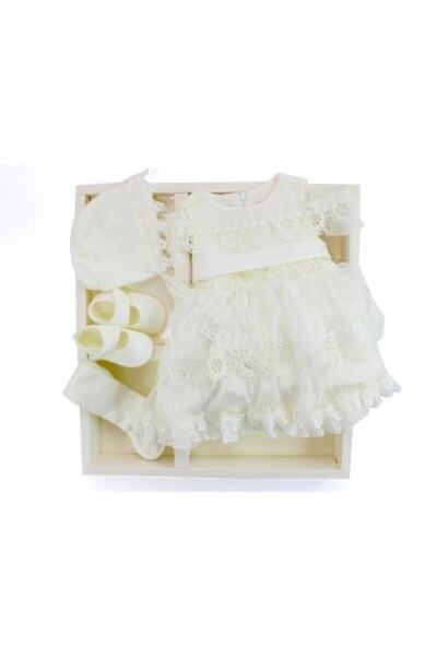 Pugi Baby Şapkali Elbiseli Kız Bebek Mevlüt Takımı Krem