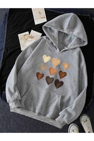 Deocept Heart Printed Hooded Sweatshirt Oversize Cut