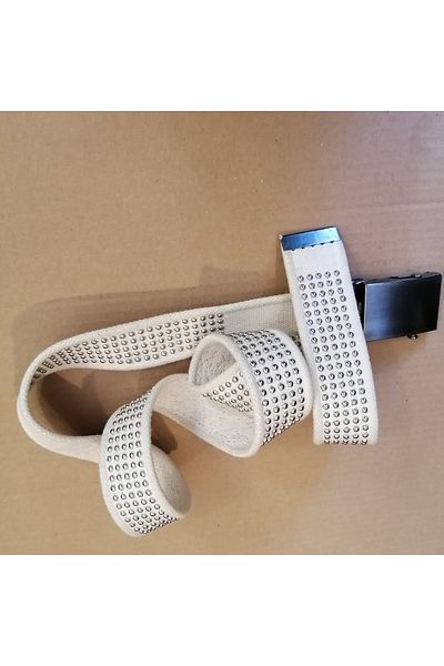 Butik Tülin Unisex Cotton White Silver Fastening Rivet Decorated Dark Metallic Pinch Buckle Belt