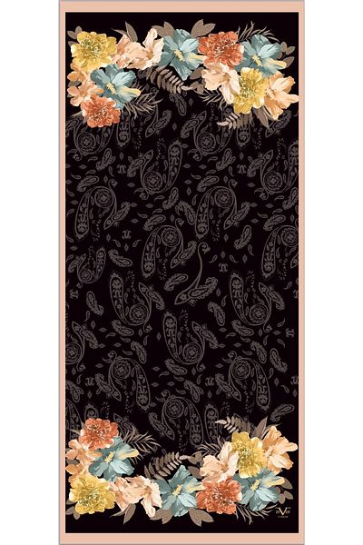 19V69 ITALIA Black Salmon Shawl Floral Pattern Pavia Series with Scarf Hanger and Gift Set 90x200 Cm