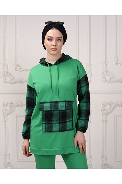 CNG MODA Women's Sleeve Plaid Hooded Tracksuit Set