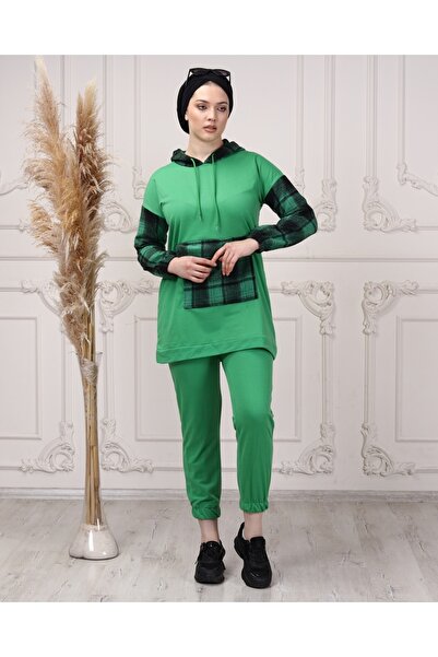 CNG MODA Women's Sleeve Plaid Hooded Tracksuit Set