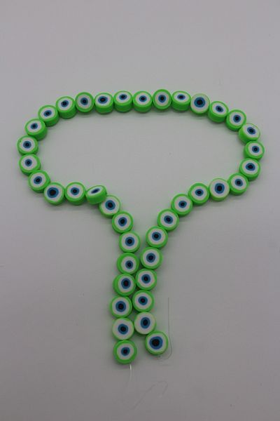 Hobimos Green Color Evil Eye Pattern Round Polymer Clay Beads, 1 String 40Pcs, Jewelry Making Material