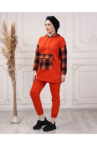 CNG MODA Women's Sleeve Plaid Hooded Tracksuit Set