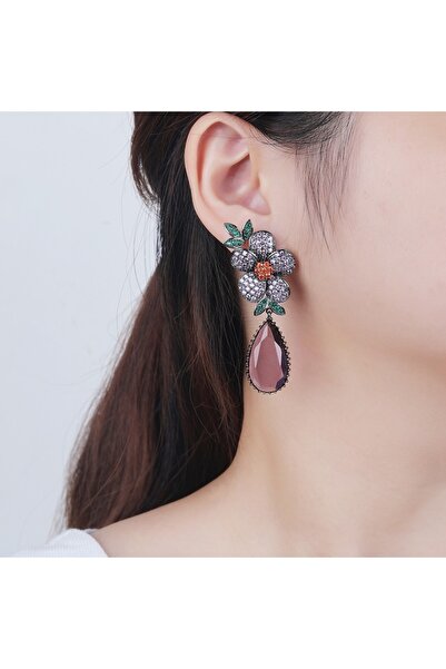 mos&more Zirkon Taşlı Tunç Kaplama Mor Sallanan Küpe