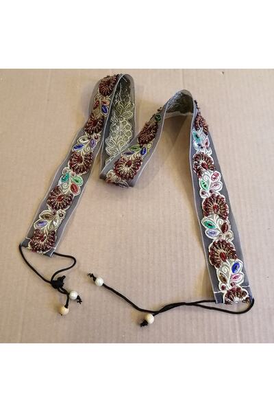 Butik Tülin Kadın Otantik El Işi Gri Organze Pul Boncuk Taş Payet Komple Çiçe...