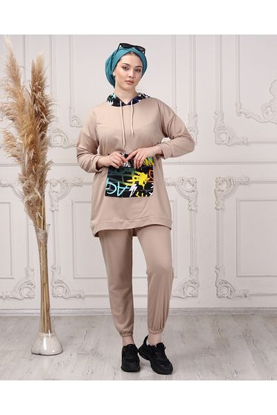 CNG MODA Women's Printed Hooded Stylish Color Detailed Tracksuit Set