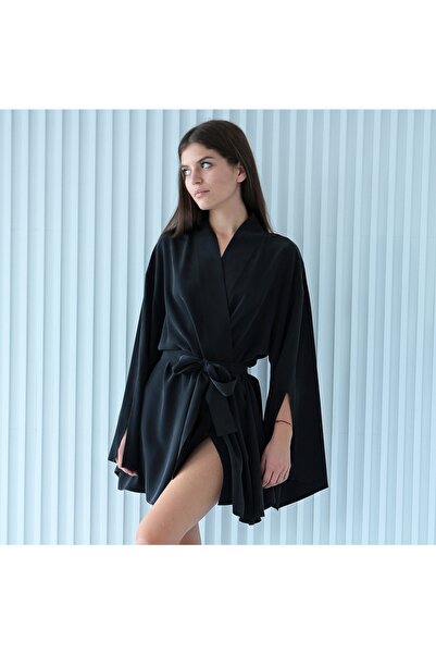 ROSILY %100 Ipek Siyah Kısa Kimono / Sabahlık