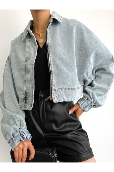 ladyzey Jachetă de damă oversize cu fermoar cu mânecă cu balon, guler de cămașă