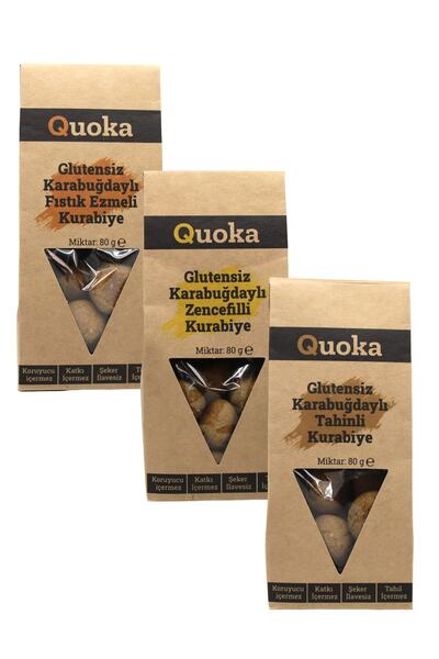QUOKA Glutensiz Şekersiz Karabuğday Unundan Tahinli Zencefil Fıstık Ezmeli, Kurabiye 3 Paket X 80gr