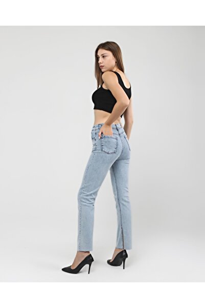 EYLÜL BUTİK Mavi Yırtmaçlı Yüksel Bel Slim Flare Jeans