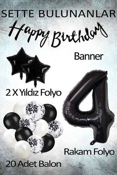 Patladı Gitti Black Concept Celebration Set for 4 Years Birthday - White Black Balloon, Numeral Star Foil and Bann