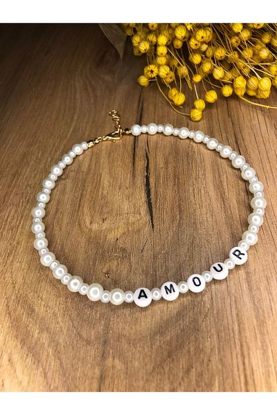 Stoneday Pearl Detailed Amour Written Design Pearl Choker Necklace