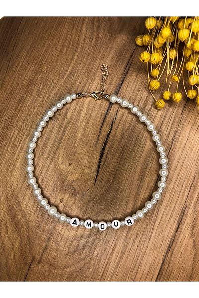 Stoneday Pearl Detailed Amour Written Design Pearl Choker Necklace