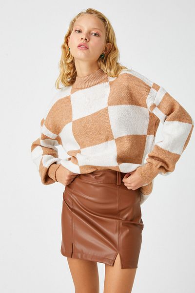 Koton Beige gemusterter Damenpullover 3WAL90131HT